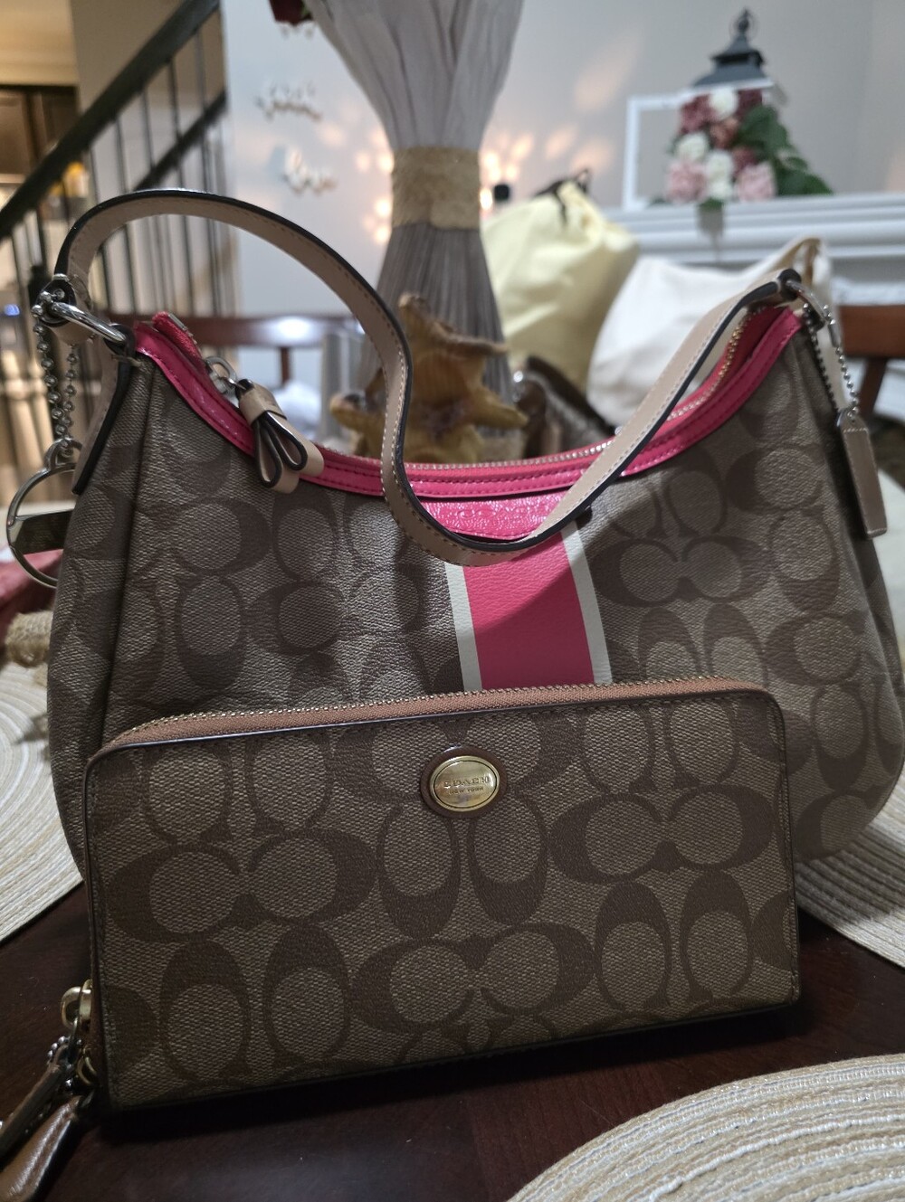 Coach Brown Signature Shoulder Bag with Pink Stripe